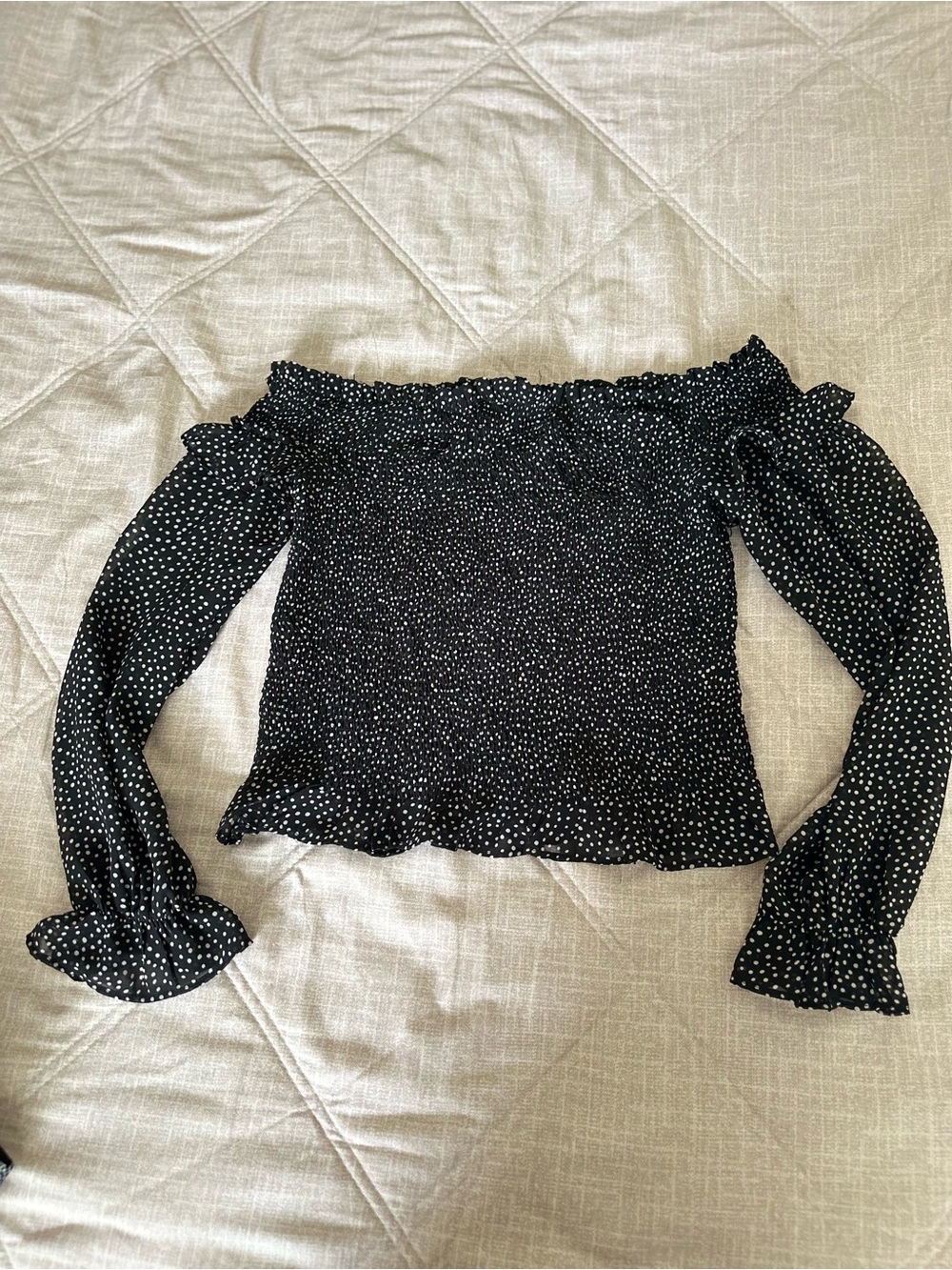 Smocked Off-Shoulder Black Polka Dot Long-Sleeve Top